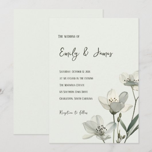 Dark Sage Green Botanical Wedding 招待状 (正面/裏面)