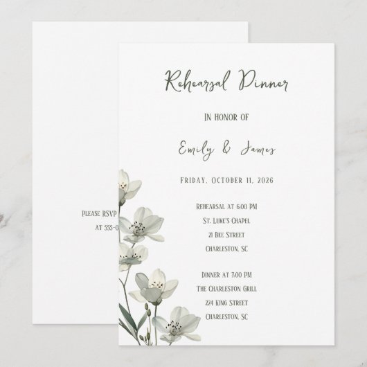 Dark Sage Green Botanical Wedding 招待状 (正面/裏面)