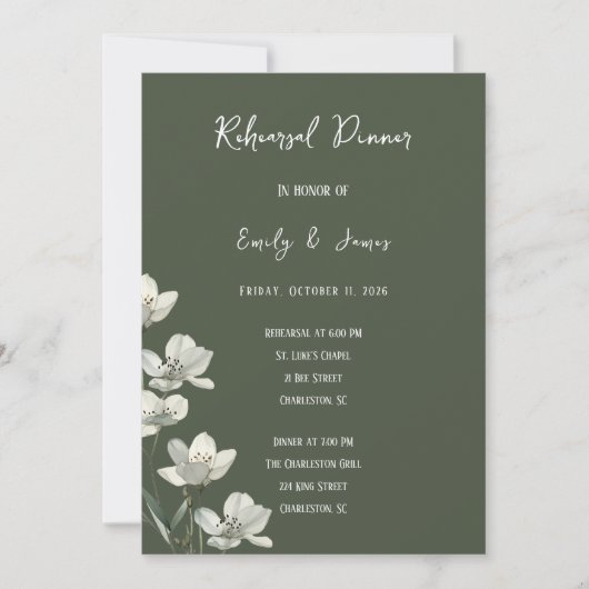 Dark Sage Green Botanical Wedding 招待状 (正面)