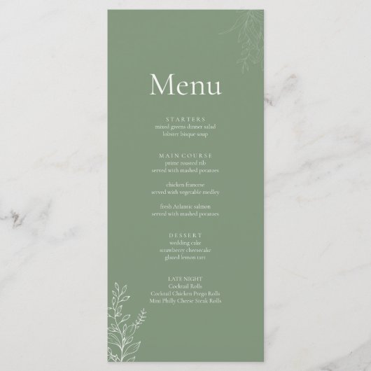 Dark Sage Green Botanical Wedding Menu メニュー (正面)