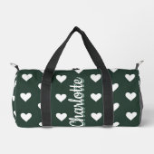 Dark Sage Green Hearts Personalized Name ダッフルバッグ (正面)