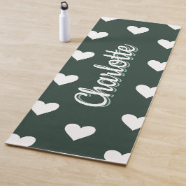 Dark Sage Green Hearts Personalized Name ヨガマット
