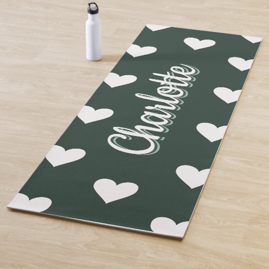 Dark Sage Green Hearts Personalized Name ヨガマット (インサイチュ)