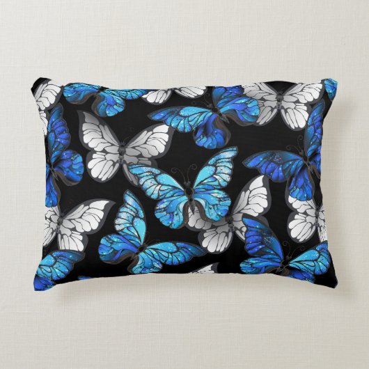 Dark Seamless Pattern with Blue Butterflies Morpho アクセントクッション (正面)