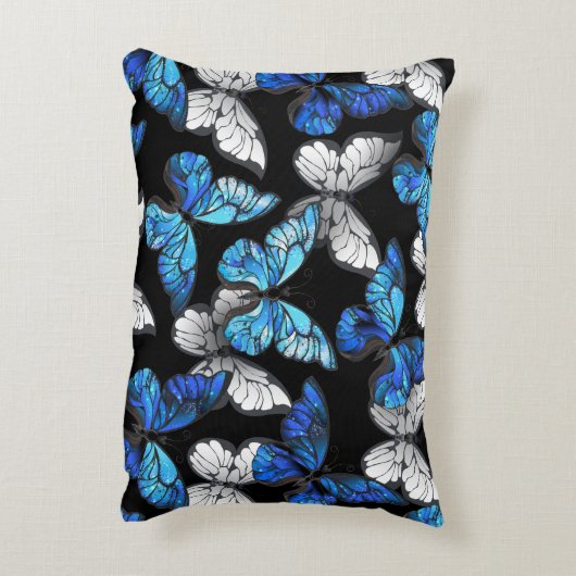 Dark Seamless Pattern with Blue Butterflies Morpho アクセントクッション (裏面(縦))