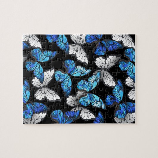 Dark Seamless Pattern with Blue Butterflies Morpho ジグソーパズル (横)