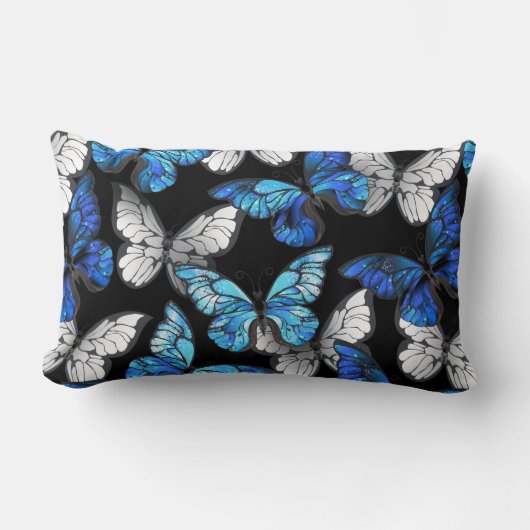 Dark Seamless Pattern with Blue Butterflies Morpho ランバークッション (正面)