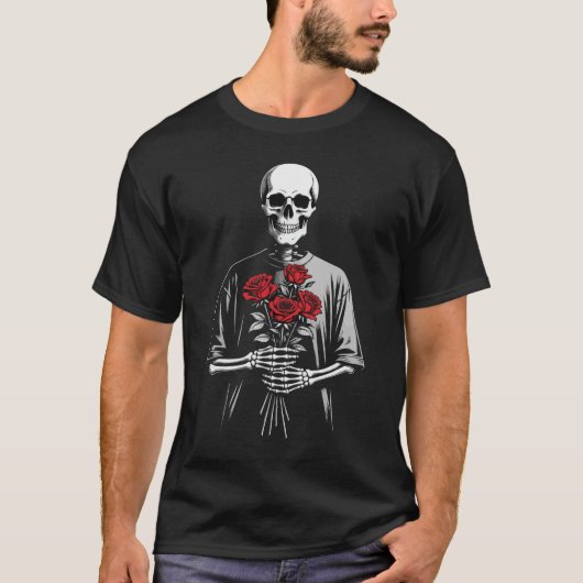 Dark Skeleton with Red Roses Bouquet Gothic Aesthe Tシャツ (正面)