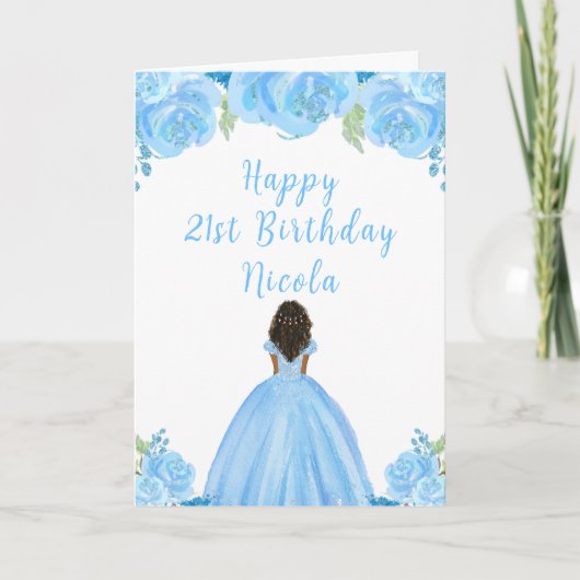 Dark Skin Princess Blue Floral Birthday Party カード (正面)