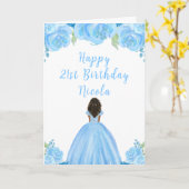 Dark Skin Princess Blue Floral Birthday Party カード (黄色い花)