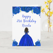 Dark Skin Princess Blue Floral Birthday Party カード (黄色い花)