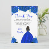 Dark Skin Princess Blue Floral Birthday Party サンキューカード (スタンド正面)