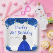 Dark Skin Princess Blue Floral Birthday Party ペーパープレート (パーティー)