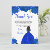 Dark Skin Princess Blue Floral Quinceanera サンキューカード (スタンド正面)