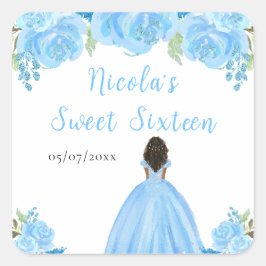 Dark Skin Princess Blue Floral Sweet Sixteen スクエアシール