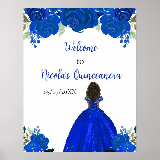 Dark Skin Princess Blue Quinceanera Welcome ポスター (正面)
