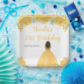 Dark Skin Princess Gold Floral Birthday Party ペーパープレート (パーティー)