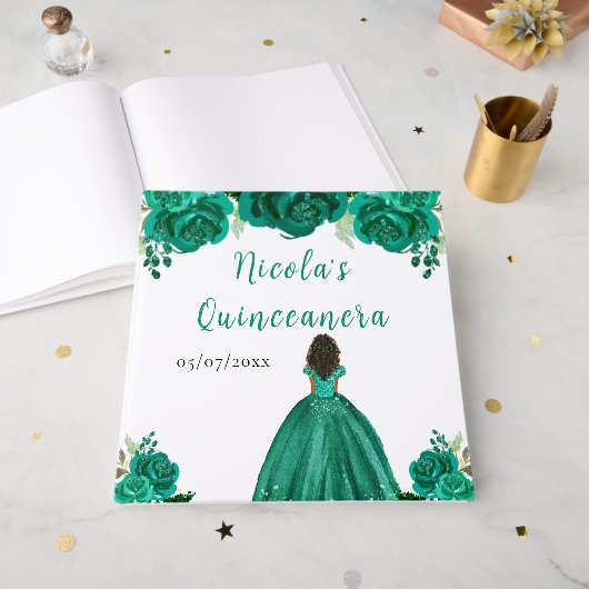 Dark Skin Princess Green Quinceanera Guest Book ゲストブック (正面見開き)