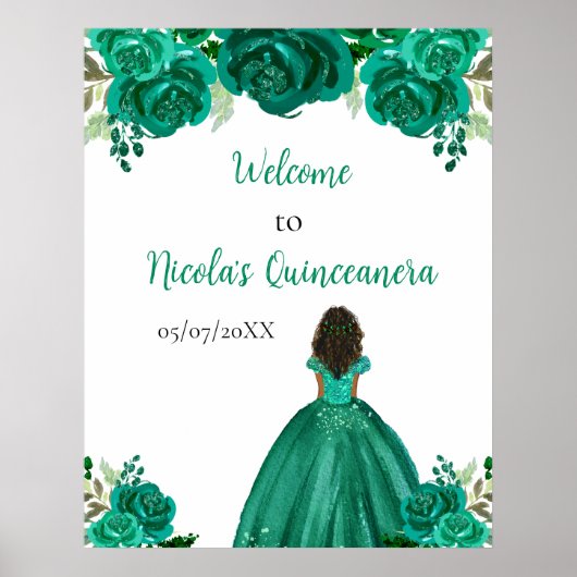 Dark Skin Princess Green Quinceanera Welcome ポスター (正面)