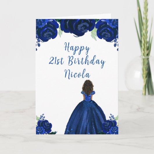 Dark Skin Princess Navy Floral Birthday Party カード (正面)