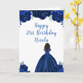 Dark Skin Princess Navy Floral Birthday Party カード (黄色い花)