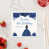 Dark Skin Princess Navy Floral Birthday Party スタンダードカクテルナプキン (インサイチュ)