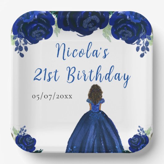 Dark Skin Princess Navy Floral Birthday Party ペーパープレート (正面)
