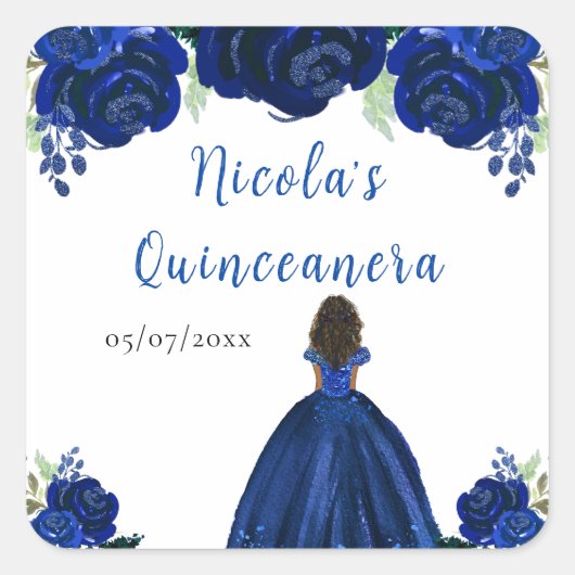 Dark Skin Princess Navy Floral Quinceanera スクエアシール (正面)