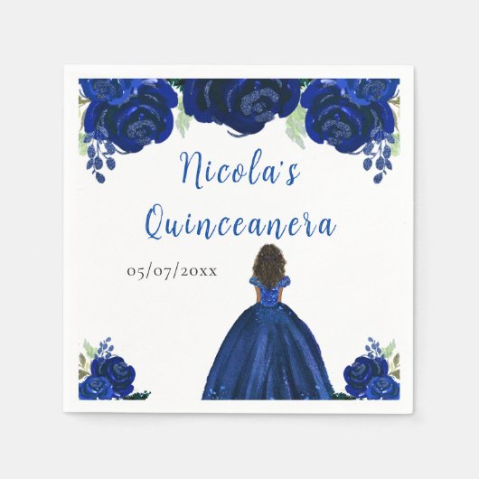 Dark Skin Princess Navy Floral Quinceanera スタンダードカクテルナプキン (正面)