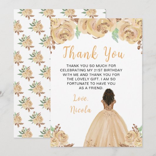 Dark Skin Princess Peach Floral Birthday Party サンキューカード (正面/裏面)