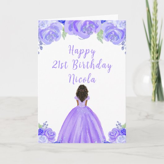 Dark Skin Princess Purple Floral Birthday Party カード (正面)
