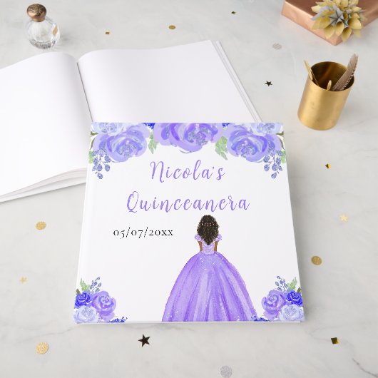 Dark Skin Princess Purple Quinceanera Guest Book ゲストブック (正面見開き)