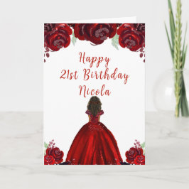 Dark Skin Princess Red Floral Birthday カード