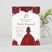 Dark Skin Princess Red Floral Birthday Party 招待状 (スタンド正面)