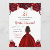 Dark Skin Princess Red Floral Birthday Party 招待状 (正面)