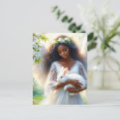 Dark-Skinned Angel Woman Holding Bunny Rabbit ポストカード (スタンド正面)