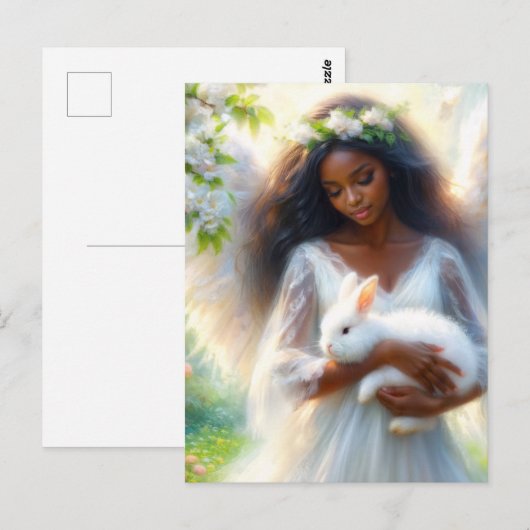Dark-Skinned Angel Woman Holding Bunny Rabbit ポストカード (正面/裏面)