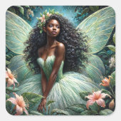 Dark-Skinned Fairy In Mint Green Botanical スクエアシール (正面)