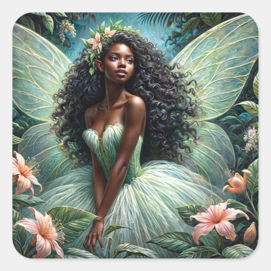 Dark-Skinned Fairy In Mint Green Botanical スクエアシール (正面)