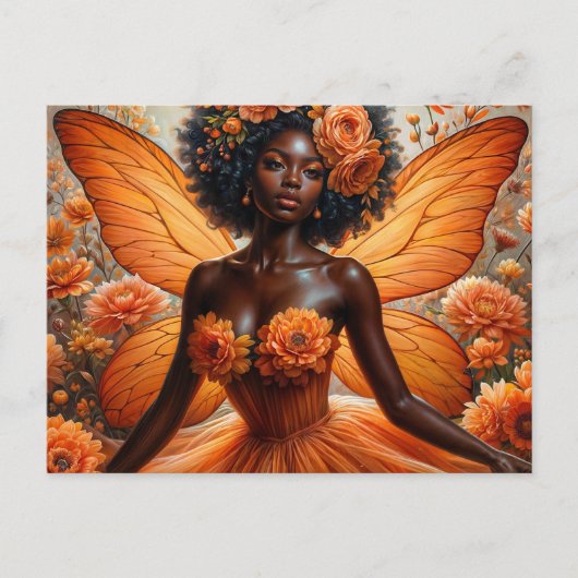 Dark-Skinned Fairy With Afro - Orange Floral ポストカード (正面)