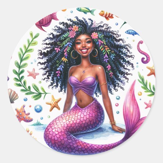 Dark-Skinned Mermaid With Pink Tail ラウンドシール (正面)