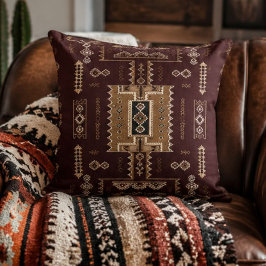 Dark Southwestern Tribal Boho Aztec Brown Gold クッション