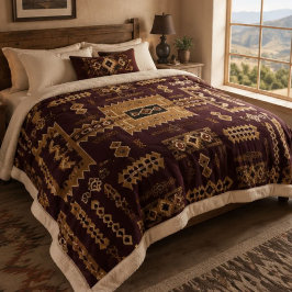 Dark Southwestern Tribal Boho Aztec Brown Gold シェルパブランケット