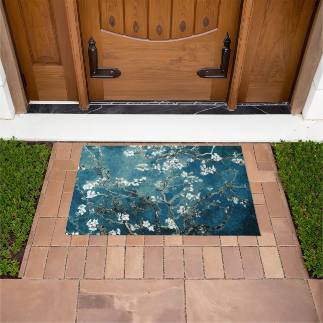 Dark Teal Almond Blossoms by VanGogh Door Mat ドアマット (室外)