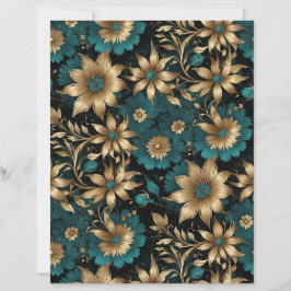 Dark Teal and Gold Metallic Effect Floral Paper
