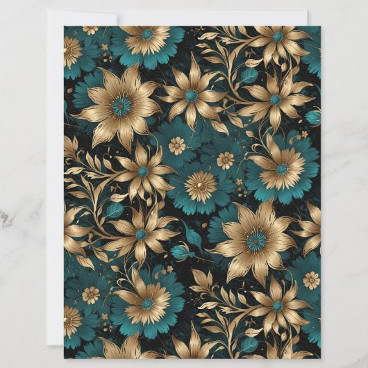 Dark Teal and Gold Metallic Effect Floral Paper (正面)