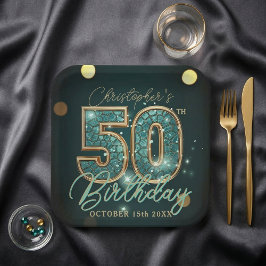 Dark Teal and Gold Mosaic 50th Birthday Party ペーパープレート