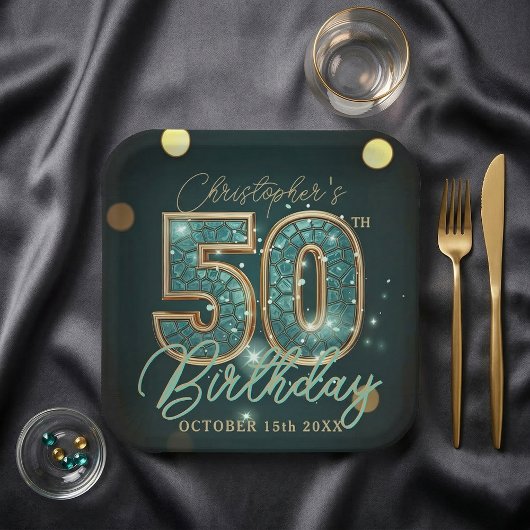 Dark Teal and Gold Mosaic 50th Birthday Party ペーパープレート