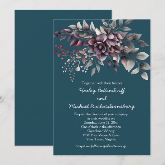 Dark Teal, Burgundy, Dusty Purple, Sage Wedding | 招待状 (正面/裏面)
