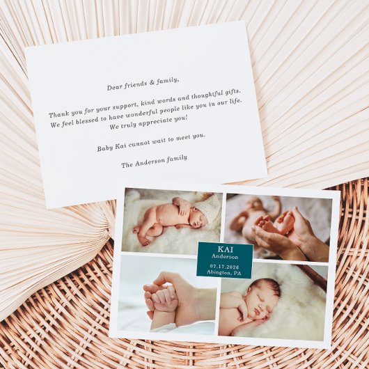 Dark Teal Classic Baby Photo Announcement Card 招待状